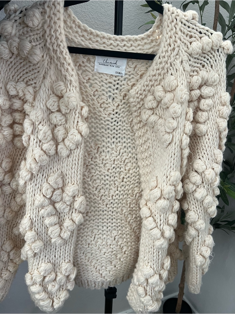 Chicwish Ivory Chunky Pom-Pom Knit Cardigan Size Small